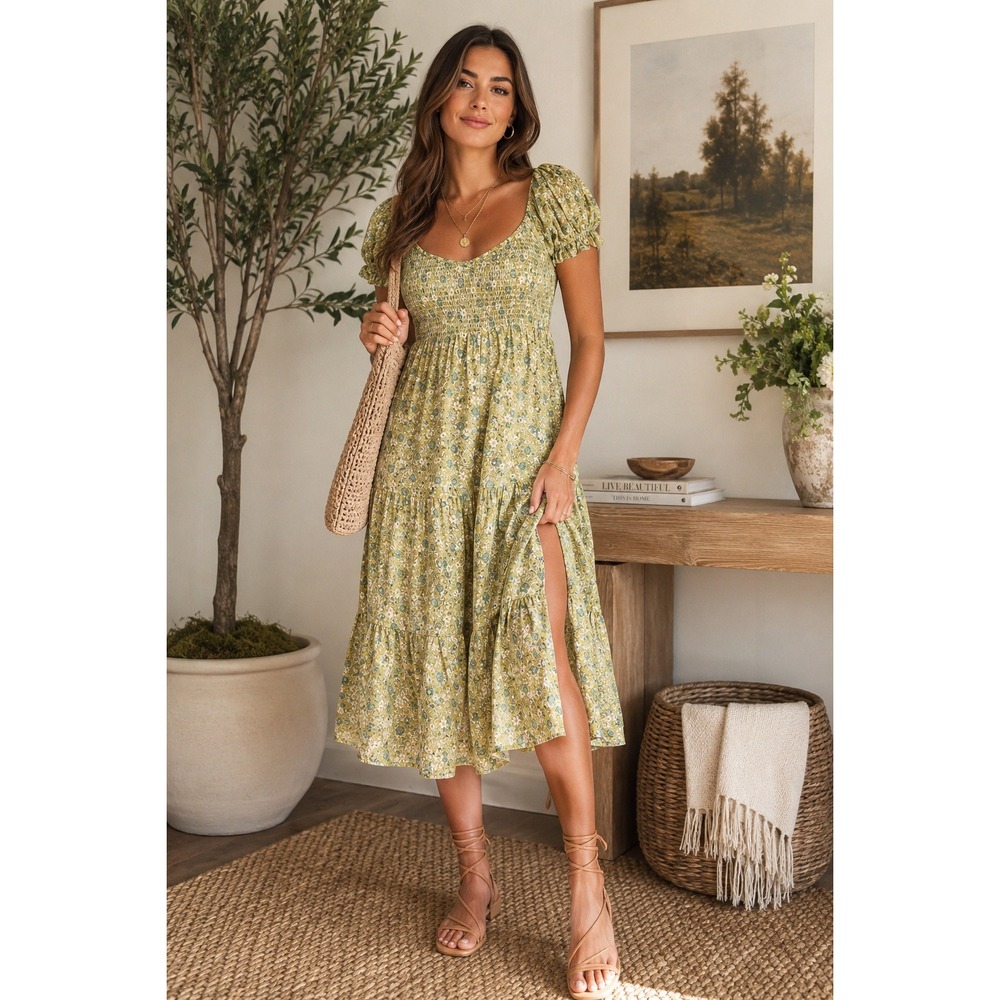 OPT Lanna Green Floral Smocked Puff Sleeve Midi Dress Cottagecore Prairie Trad M